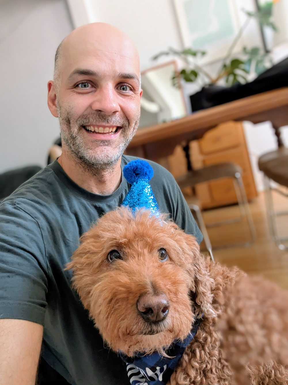 Vincent, the maker of Shy Pug, smiling with Henri the dog in a blue party hat